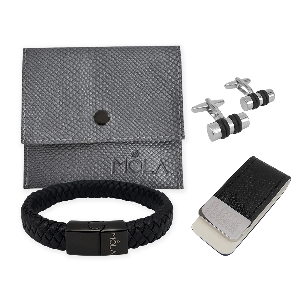 SETMON, Set Money clip con pulsera vancouver negro de piel y acero inoxidable
mancuernillas ottawa negro de cobre niquelado y moneyclip de piel y acero inoxidable